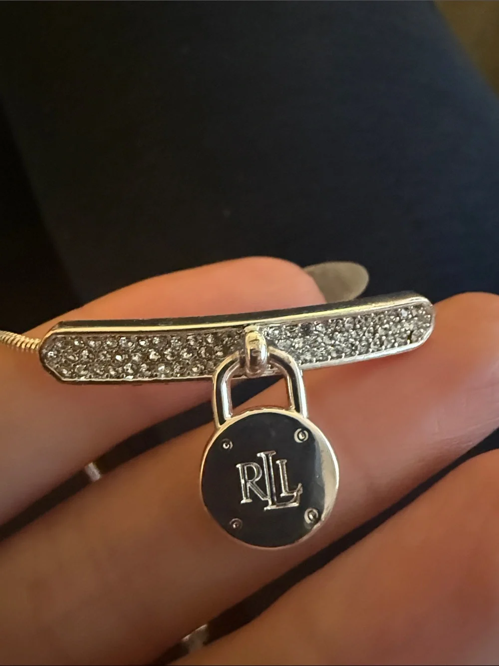 Lauren Ralph Lauren Crystal Pavé Padlock Adjustable Bolo Bracelet Silver Tone